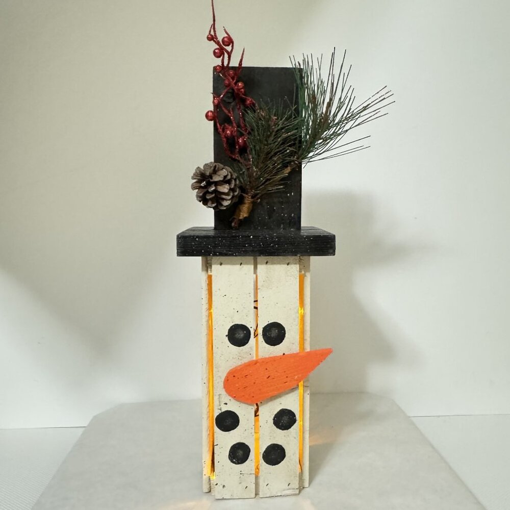 Handcrafted Wooden Snowman Lantern Yellow LED Lights Pinecone Rustic Indoor 18"